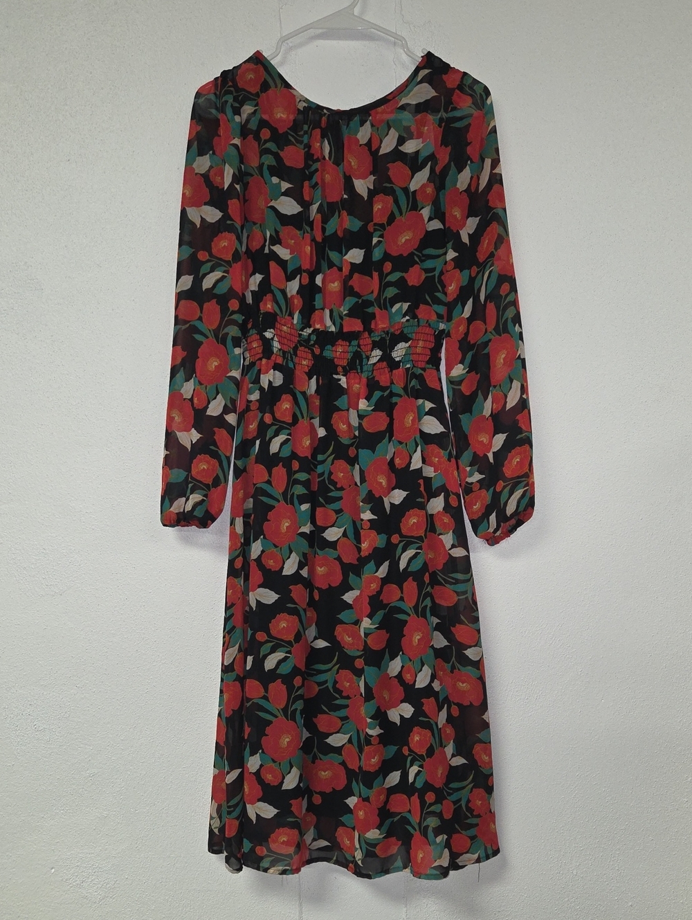 Black Floral Long-Sleeve Midi Dress with Red Flower Print